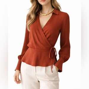 J.Crew Rust Burnt Orange Wrap Blouse V-Neck Crêpe Modern-chic Perisian  Size 8